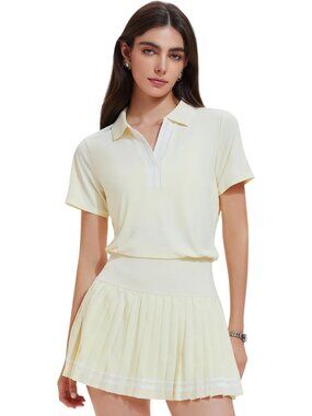 Womens Light Yellow 2 Piece Racer Back Tennis Skirts Tank Top Pull On Golf Dress